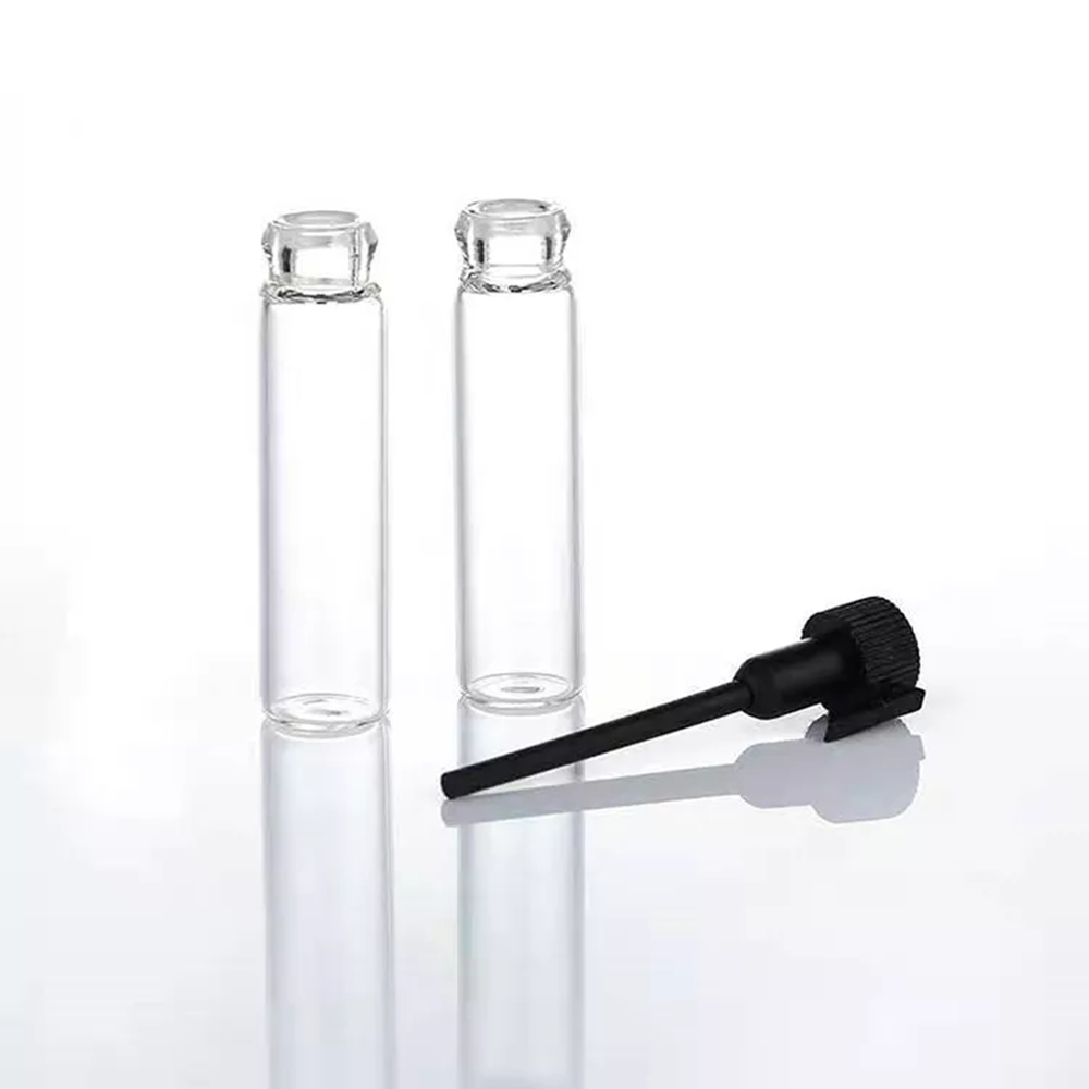 Plugue branco preto portátil 1ml 1.5ml 2ml 3ml mini pacote de vidro garrafas claras pequenas garrafas de perfume vazias amostra tubo de ensaio frascos finos 