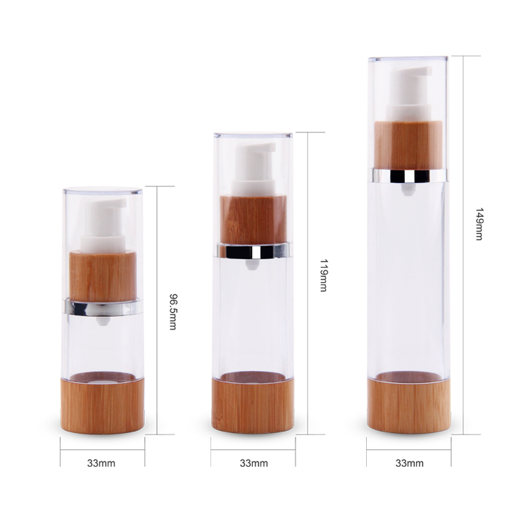 Atacado embalagem de luxo garrafa de bambu cosmético 15ml 30ml 50ml cosmético bomba airless garrafa de bambu
